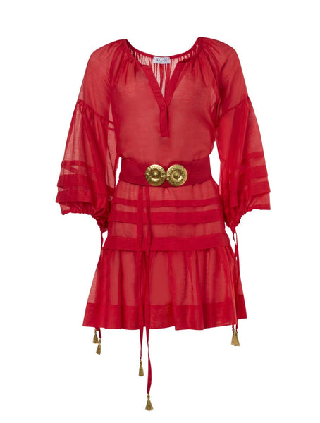 MYKONOS MINI DRESS WITH GOLDEN BUCKLES AND TASSELS RED