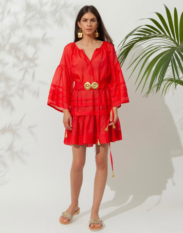 MYKONOS MINI DRESS WITH GOLDEN BUCKLES AND TASSELS RED