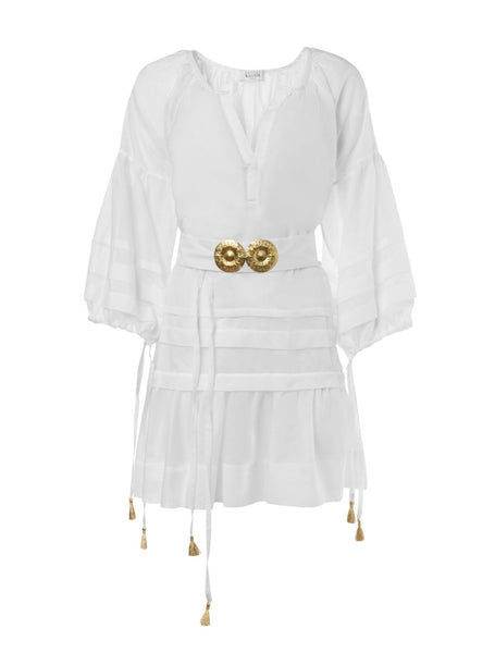 MYKONOS MINI DRESS WITH GOLDEN BUCKLES AND TASSELS WHITE