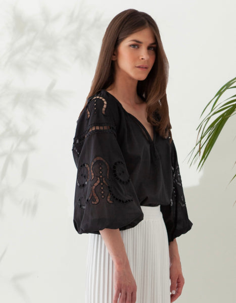 IPHIGENIA CUT EMBROIDERED COTTON BLOUSE BLACK