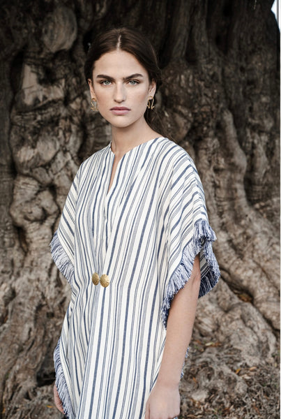 FAROS STRIPED MIDI KAFTAN WITH BUCKLES AND FRINGES