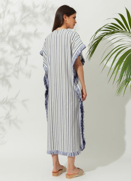 FAROS STRIPED MIDI KAFTAN WITH BUCKLES AND FRINGES