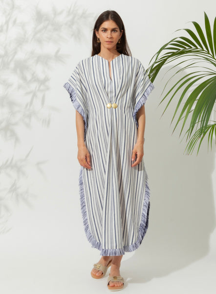 FAROS STRIPED MIDI KAFTAN WITH BUCKLES AND FRINGES