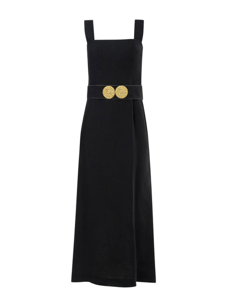 NONIKA LINEN DRESS WITH GOLDEN BUCKLES BLACK