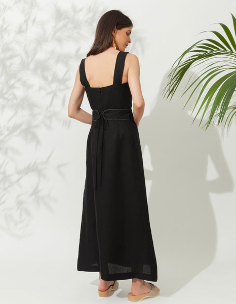 NONIKA LINEN DRESS WITH GOLDEN BUCKLES BLACK