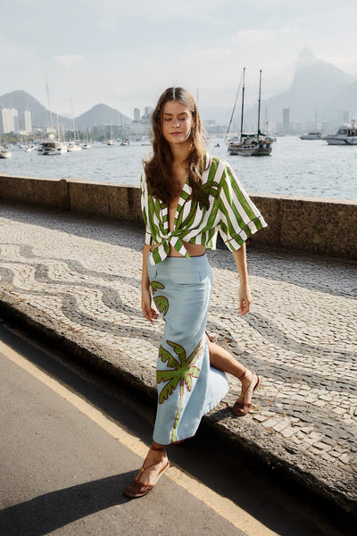 Blue Embroidered Palm Tree Skirt  Premium Linen Maxi Skirt