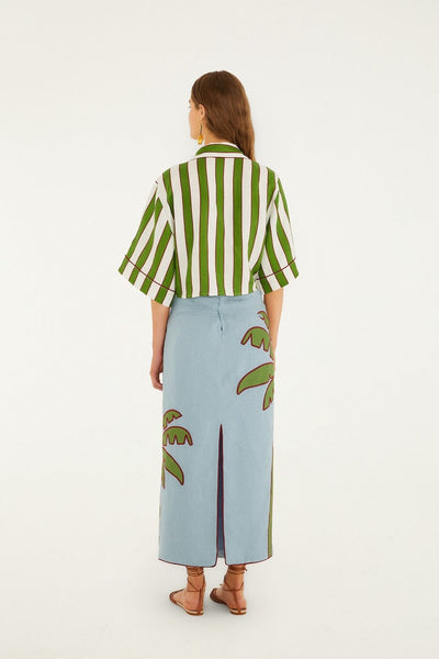 Blue Embroidered Palm Tree Skirt  Premium Linen Maxi Skirt