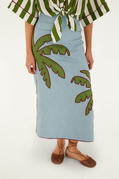 Blue Embroidered Palm Tree Skirt  Premium Linen Maxi Skirt