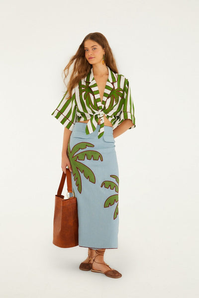 Blue Embroidered Palm Tree Skirt  Premium Linen Maxi Skirt