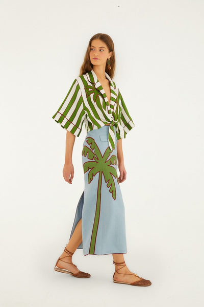 Blue Embroidered Palm Tree Skirt  Premium Linen Maxi Skirt