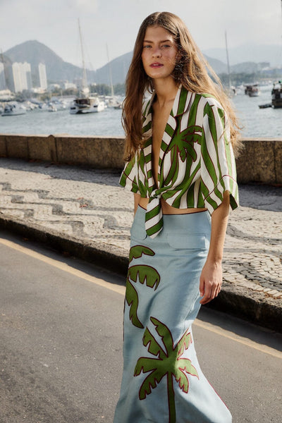 Green Spring Stripes Embroidered Premium Linen Crop Top