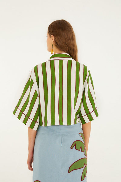 Green Spring Stripes Embroidered Premium Linen Crop Top