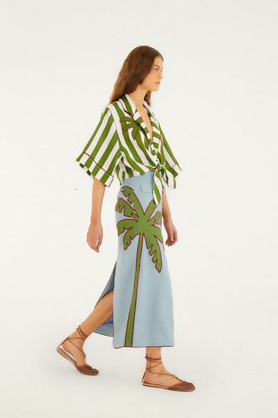 Green Spring Stripes Embroidered Premium Linen Crop Top