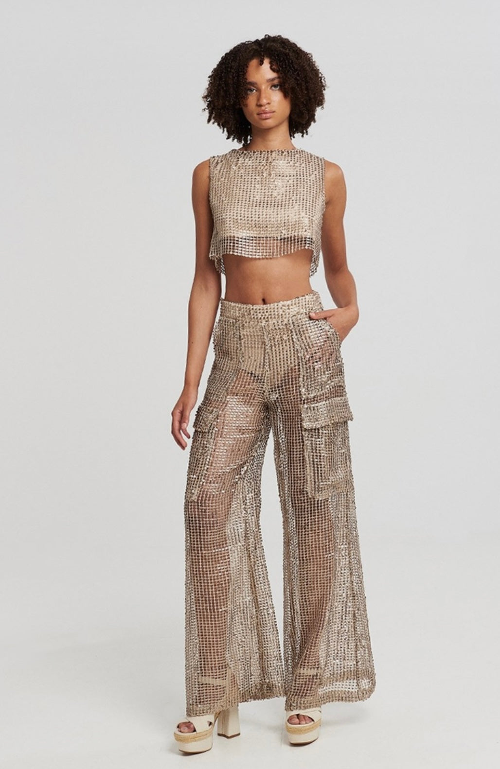 NET SEQUIN CARGO TROUSERS IN GOLD