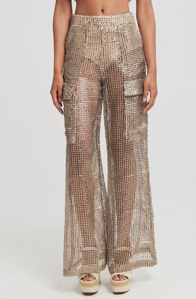 NET SEQUIN CARGO TROUSERS IN GOLD