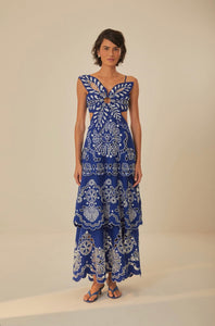 Blue Flower Richelieu Euroflax Premium Linen Midi Dress PORTES OF GREECE Blue Flower Richelieu Euroflax Premium Linen Midi Dress PORTES OF GREECE