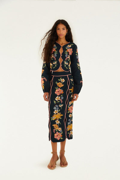 Dark Blue Maira Floral Midi Skirt