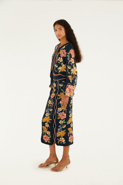 Dark Blue Maira Floral Midi Skirt