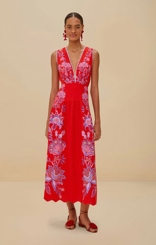 Red Porcelain Garden Euroflax™ Premium Linen Midi Dress