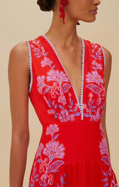 Red Porcelain Garden Euroflax™ Premium Linen Midi Dress