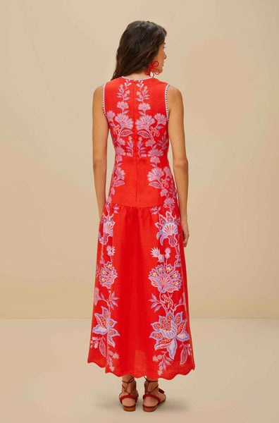 Red Porcelain Garden Euroflax™ Premium Linen Midi Dress