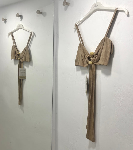 GAUZE CROP TOP WITH STONES - BEIGE