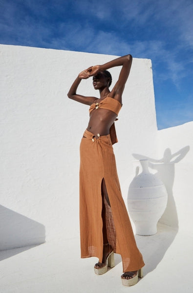 GAUZE MAXI SKIRT WITH STONES - BEIGE