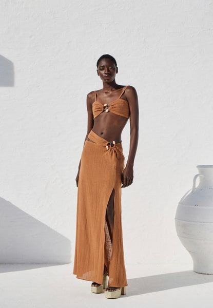 GAUZE MAXI SKIRT WITH STONES - BEIGE