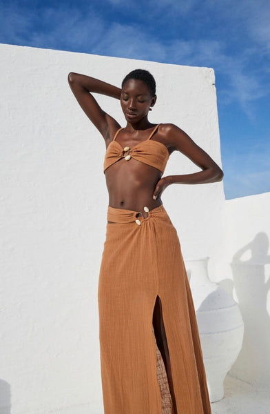 GAUZE MAXI SKIRT WITH STONES - BEIGE