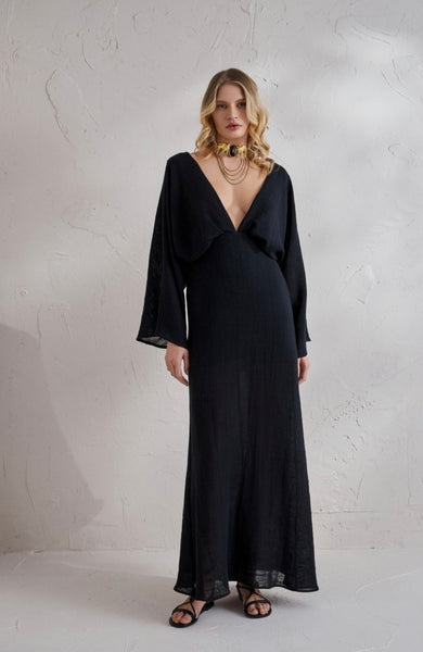 LONG GAUZE BACKLESS DRESS - BEIGE