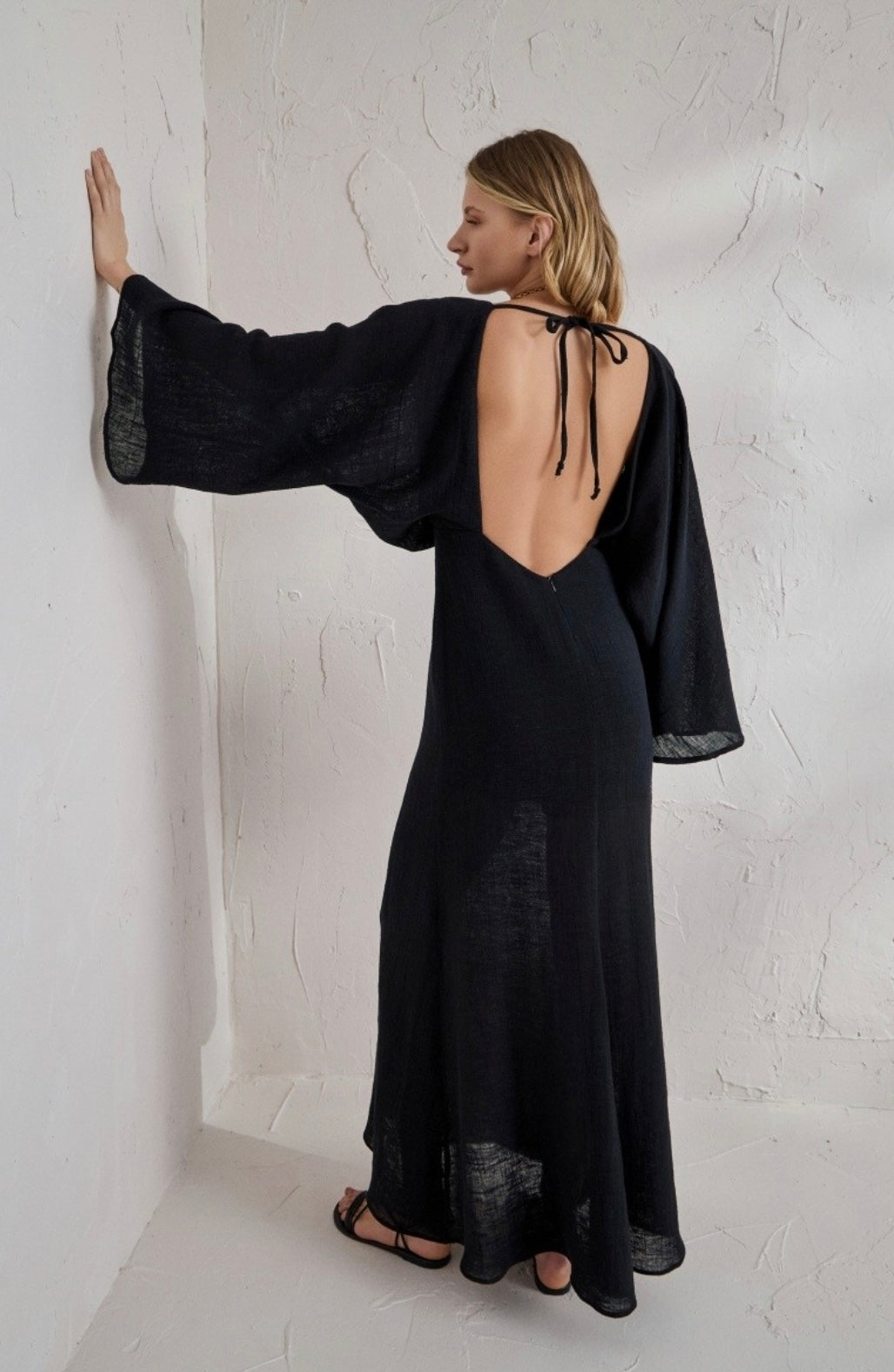 LONG GAUZE BACKLESS DRESS - BEIGE