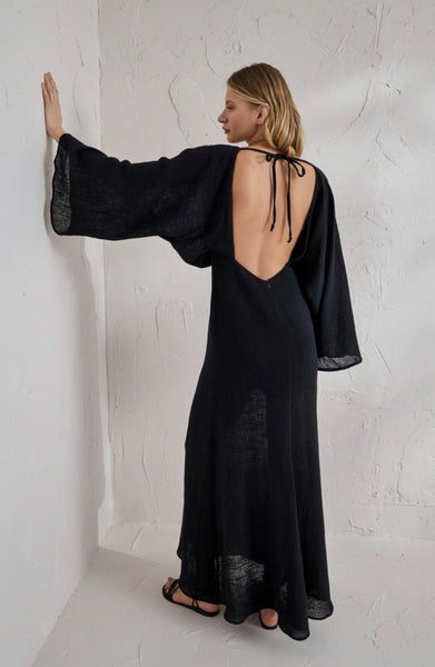 LONG GAUZE BACKLESS DRESS - BEIGE