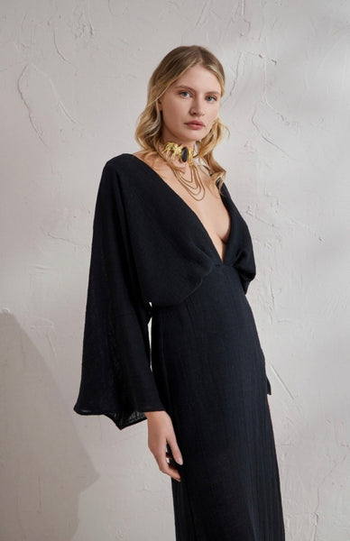 LONG GAUZE BACKLESS DRESS - BEIGE