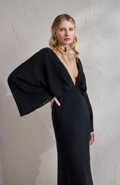 LONG GAUZE BACKLESS DRESS - BEIGE