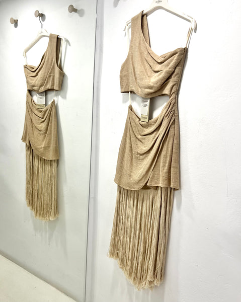 GAUZE FRINGE DRESS - BEIGE