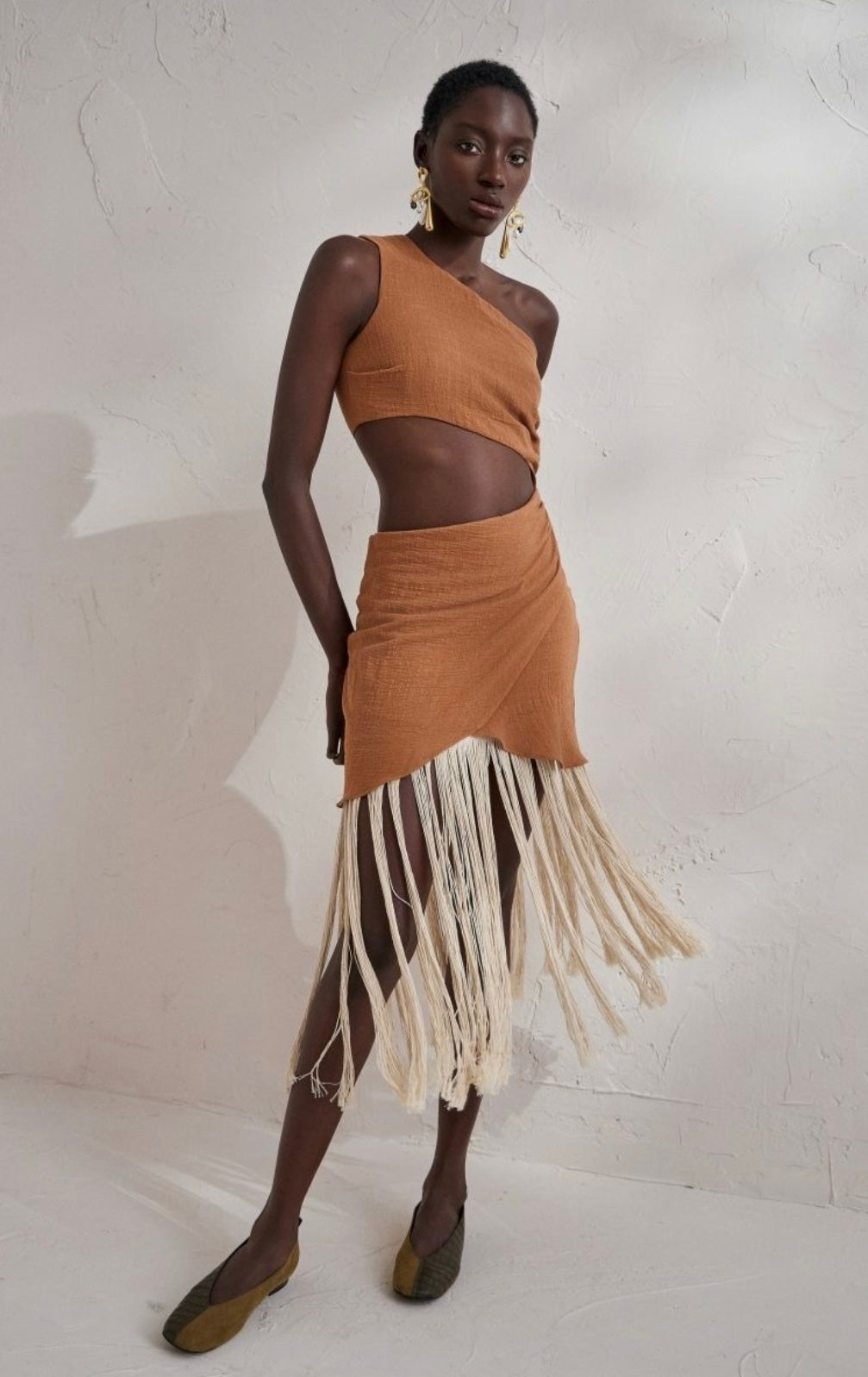 GAUZE FRINGE DRESS - BEIGE