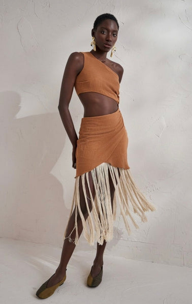 GAUZE FRINGE DRESS - BEIGE