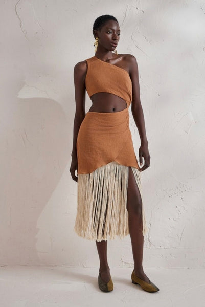 GAUZE FRINGE DRESS - BEIGE