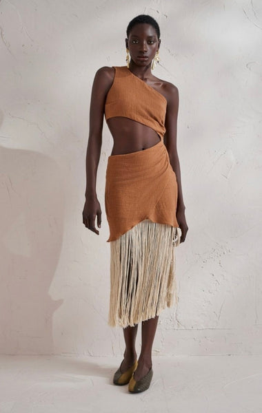 GAUZE FRINGE DRESS - BEIGE