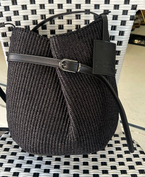 Pieta Raffia Leather Bag - Black