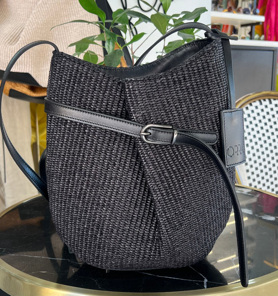 Pieta Raffia Leather Bag - Black