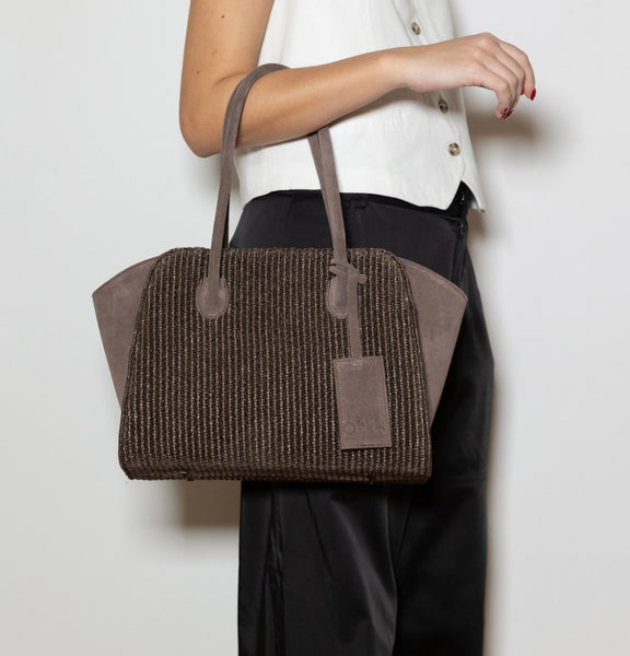 Eden Raffia Suede Bag - Dark Brown
