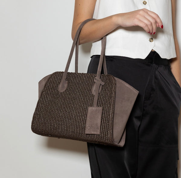 Eden Raffia Suede Bag - Dark Brown