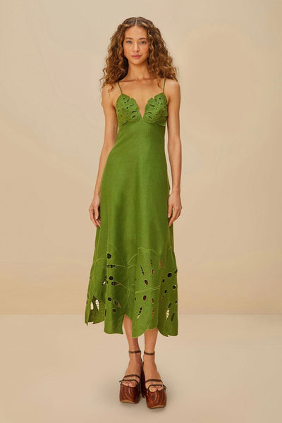 Green Monstera Embroidered Euroflax™ Premium Linen Midi Dress