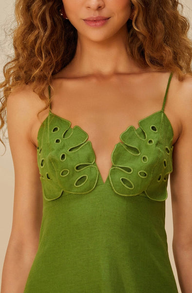 Green Monstera Embroidered Euroflax™ Premium Linen Midi Dress