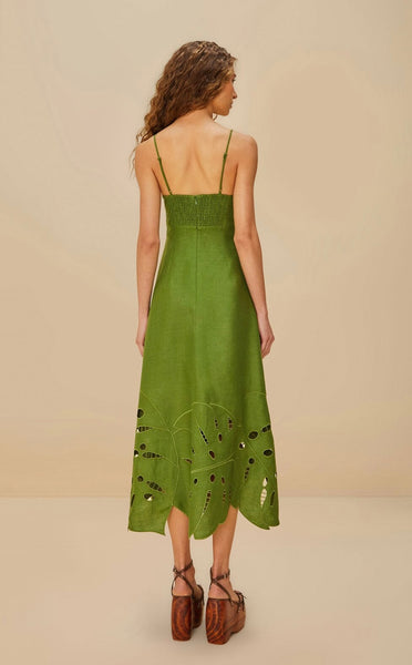 Green Monstera Embroidered Euroflax™ Premium Linen Midi Dress