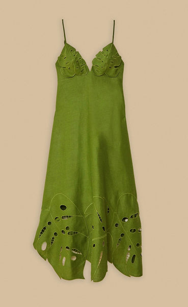 Green Monstera Embroidered Euroflax™ Premium Linen Midi Dress