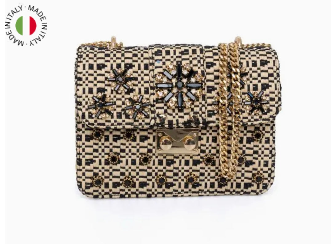 London-style bag in tahuata raffia Black and natural