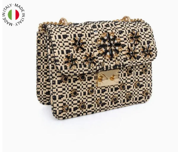 London-style bag in tahuata raffia Black and natural