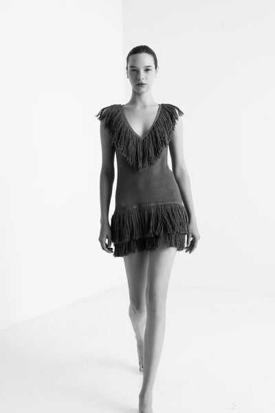 ZAYRA FRINGED MINI DRESS - BLACK